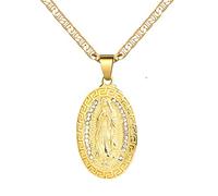 DouuYuhet 18K Gold Plated Flat 3mm Virgin Mary Guadalupe Pendant Necklace Christian Jewellery, Stainless Steel, Cubic Zirconia