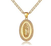 DouuYuhet 18K Gold Plated Flat 3mm Virgin Mary Guadalupe Pendant Necklace Christian Jewelry Stainless Steel Cubic Zirconia Stainless Steel Cubic Zirconia