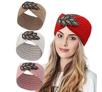 DouuYuhet 4Pack Headbands Women Wide Head Bands Knotted Turban Hairbands Nonslip Knitted Wool Hair Bands Headband Cotton Hair Scarfs Autumn Winter Head Wraps for Women and Girls (Diamond flower set)