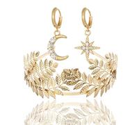 DouuYuhet Gold Leaf Headband Headpiece Women Girls Gold Leaf Tiara Crown Flower Girl Halo Crown Moon Stars Goddess Crown Halo Headband (2-Gold Crown With Earrings)