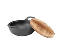 DouWen MO Cast Iron Wok with Two Handles and Wooden Lid, Flat Base Stir Fry Pan for Authentic Asian Chinese Cooking, Uncoated Deep Skillet for Grill Steam Frying (25cm)