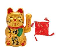 DouWen MO Golden Battery Powered Fortune Cat, Waving Hand Good Luck Decor, Hand Painted Ceramic Wealth Cat for Restaurant Hotel Desk, Attracts Money and Customers (11 Inch)