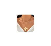 Douxsu Chunky Layered Gold Hammered Cross Pendant Necklace for Women, Retro Silver Corss Cute Heart Chain OT Buckle Necklaces Statement Party Jewelry Gifts, One Size, Metal, No Gemstone
