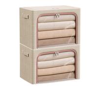 Douzi 2 Pack Clothes Storage Boxes Closet Organizers and Storage, Foldable Cloth Steel Frame Box for Storing Bedding,Blankets-Khaki-66L