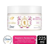 Dove Limited Edition Bridgerton Raspberry Rendezvous Body Scrub exfoliating scrub with a raspberry & rose tart scent for deep nourishment 225 ml