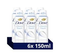 Dove Classic Fresh Women's Antiperspirant Deodorant Body Spray for 48 hour sweat and odour protection with ¼ moisturising cream 150 ml, Pack of 6