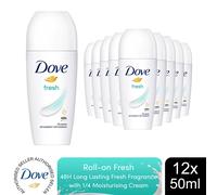 Dove Fresh Care Women's Antiperspirant Deodorant Roll On for 48 hour sweat protection and long-lasting fragrance with ¼ moisturising cream 50 ml, Pack of 6