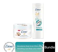 Dove Macadamia & Rice Milk Body Scrub 225ml w/ Smoothing Care Body Lotion 400ml