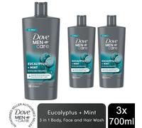 Dove Men +Care Eucalyptus + Mint 3-in-1 Hair, Face and Body Wash Body Cleanser Shower Gel, 24 Hour Micro Moisture Technology Invigorate and Refreshing 700 ml