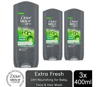 Dove Men+Care Refreshing Extra Fresh 3-in-1 Hair, Body and Face Wash Body Cleanser shower gel with 24 hour nourishing MicroMoisture technology for healthy and smooth skin all day 400 ml