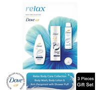 Dove Relax Trio Gift Set body wash, body lotion, anti-perspirant & shower puff perfect gifts for her 3 piece