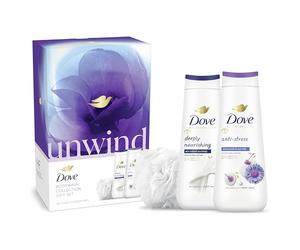 Dove Unwind Body Wash Shower Gel Collection with a luxury shower puff Gift Set perfect gifts for her 2 piece