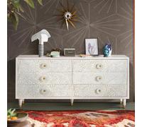Dover Chest - Ivory White Carved Mango Wood - 6 Drawer - Wide