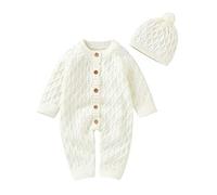 DovFanny Baby Boys Girls Romper Suit Lovely Solid Color Knit Jumpsuit Cute Casual Long Sleeve Winter Warm Outfit Clothes with Hat for Newborn Baby 0-3 Months