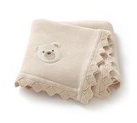 DovFanny Cotton Cellular Baby Blanket Knitted Soft Blanket for Newbron Baby Boy and Girls with Lovely Embroidery Bear