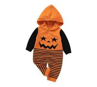 DovFanny Newborn Infant Baby Halloween Romper Long Sleeve Sweater Hooded Pumpkin Jumpsuit One-Piece Outfit for Boy Girl Costume Party