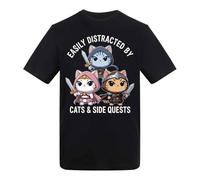 Dovitee Easily Distracted by Cats Side Quests Funny RPG Gamer Design - Adult Unisex T-Shirt Black