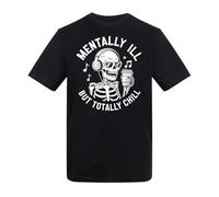 Dovitee Funny Skeleton T Shirt Cotton Short Sleeve - Mentally Ill but Totally Chill Graphic Tee with Coffee and Headphones Print, Unisex Casual Top for Men and Women, Humorous Goth Aesthetic Outfit