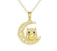 DOVRAN 14K Solid Gold Owl Necklace Celtic Moon Owl Pendant Cute Bird Jewelry Gifts for Women Men