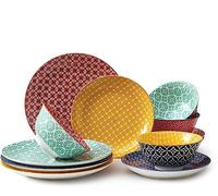 DOWAN Ceramic Plates and Bowls Sets, 12-Piece Dinnerware Sets for Christmas Decor, Colorful Dish Set for 4, Porcelain Dinner Dessert Plates,and Soup Bowls Set for Thanksgiving Party