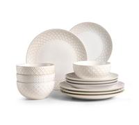 DOWAN Dinner Set for 4, 12 Piece Plates and Bowls Set, Ceramic Serving Plates Beige, Modern Tableware, Relief Crockery Set, Dinnerware Sets for Ramen, Pasta, Dessert, Cereal, Housewarming Gift