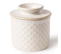 DOWAN French Butter Dish - Ceramic Butter Keeper with Water Seal - Embossed Diamond Pattern Butter Crock for Fresh and Spreadable Butter - 140g Capacity Butter Keeper - Glazed Reactive White