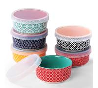 DOWAN Porcelain Dip Bowls Set of 6, 170 ml Tapa Dishes, Dessert Bowl & Crème Brûlée Ramekins with Soft Silicone Lids, Stackable, Dishwasher & Microwave Safe, Multicolour