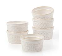 DOWAN Porcelain Ramekins Set of 6, 4 oz / 120 ml, Creme Brulee Ramekins | Soufflé Bowls, Small Baking Dishes, Oven & Air Fryer Safe, Desserts, Dips & Puddings, Embossed Reactive Glaze, Arctic White