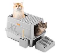 DOWANQO Stainless Steel Litter Box with Lid, XL High Sided Litter Pan Extra Large Enclosed Metal Litterbox for Big Cats, Anti Leakage, Easy Cleaning with Scoop (23.9"*15.9"*15.4", Grey)