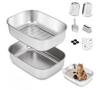 DOWANQO Stainless Steel Sifting Litter Box with Lid, Metal Litter Pan Tray with Scoop for Big Cats & Multi Cat, Extra Large Cats Litterbox Odor Control, Easy Clean (Without Enclosure, X-Large)
