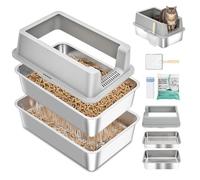 DOWANQO Stainless Steel Sifting Litter Box with Lid, Metal Litter Pan with Scoop for Big Cats Multi Cat, Extra Large Cats Litterbox Odor Control Easy Clean (24 * 16 * 12inch-with Enclosure, X-Large)