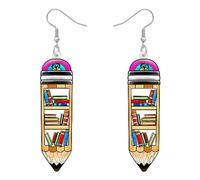 DOWAY Acrylic Cute Cartoon Teacher Earrings Fun Back to School Dangle for Women Girls Kids Gifts Bulk (Pencil Bookshelf)