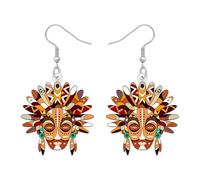 DOWAY Acrylic Tribal Chieftain Tiki Mask Earrings Dangle Retro Polynesian Ethnic Pattern Themed Jewellery Weird Tiki Gifts for Women Party Decor (Coffee)