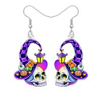 DOWAY Acrylic Witch Hat Skull Earrings,Spooky Witchy Halloween Dangle Earrings Day of the Dead Jewellery Skull Gifts for Women Halloween Costume Accessories (Purple)