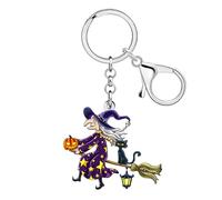 DOWAY Black Cat with Witch Keychain,Acrylic Halloween Keychains Witchy Accessories Bag Charms Witchy Gifts for Women Girls (Purple)