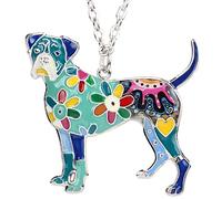DOWAY Boxer Dog Alloy Pendant Necklace Chain Jewelry Gift with Floral Enamel for Women Girls blue