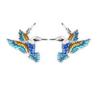 DOWAY Enamel Flying Hummingbird Bird Mini Huggie Hoop Earrings Stud Clip with Dangle Charms for Women Various Styles Gift (Blue)