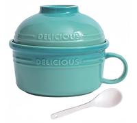 Dowbom Ceramic Instant Noodle Bowl, Porcelain Cup Shape Soup Bowl With Lid And Handle, Ramen Bowl Lunch Bowl (Green,19oz)