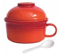 Dowbom Ceramic Instant Noodle Bowl, Porcelain Cup Shape Soup Bowl With Lid And Handle, Ramen Bowl Lunch Bowl (Orange,19oz), BL-SP-121