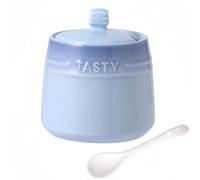 Dowbom Salt Pot, Solid Color Porcelain Sugar Pot, For Coffee Bar, Sugar Bowl With Lid And Spoon (Blue,10 OZ), DB-TG-011