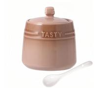 Dowbom Salt Pot, Solid Color Porcelain Sugar Pot, For Coffee Bar, Sugar Bowl With Lid And Spoon (Khaki,10 OZ), DB-TG-011