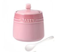 Dowbom Salt Pot, Solid Color Porcelain Sugar Pot, For Coffee Bar, Sugar Bowl With Lid And Spoon (Pink,10 OZ), DB-TG-011