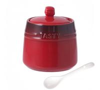 Dowbom Salt Pot, Solid Color Porcelain Sugar Pot, For Coffee Bar, Sugar Bowl With Lid And Spoon (Red,10 OZ)