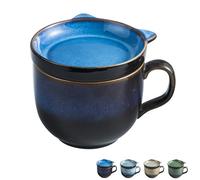 Dowbom Soup Mug With Lid, 450ml Microwave Soup Bowl, Ceramic Soup Mug, Breakfast Bowl, Bouillon Cup (Blue)