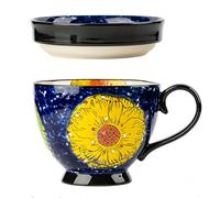 Dowbom Soup Mug With Lid, 500ml Microwave Soup Bowl, Ceramic Soup Mug, Breakfast Bowl, Bouillon Cup (Flower-D,500ml)