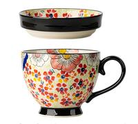 Dowbom Soup Mug With Lid, 500ml Microwave Soup Bowl, Ceramic Soup Mug, Breakfast Bowl, Bouillon Cup (Flower-B,500ml)