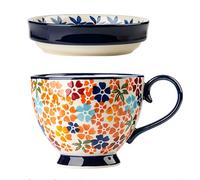 Dowbom Soup Mug With Lid, 500ml Microwave Soup Bowl, Ceramic Soup Mug, Breakfast Bowl, Bouillon Cup (Flower-A,500ml)