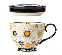 Dowbom Soup Mug With Lid, 500ml Microwave Soup Bowl, Ceramic Soup Mug, Breakfast Bowl, Bouillon Cup (Flower-C,500ml)