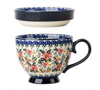 Dowbom Soup Mug With Lid, 500ml Microwave Soup Bowl, Ceramic Soup Mug, Breakfast Bowl, Bouillon Cup (Flower-F,500ml)