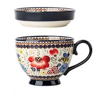 Dowbom Soup Mug With Lid, 500ml Microwave Soup Bowl, Ceramic Soup Mug, Breakfast Bowl, Bouillon Cup (Flower-G,500ml)